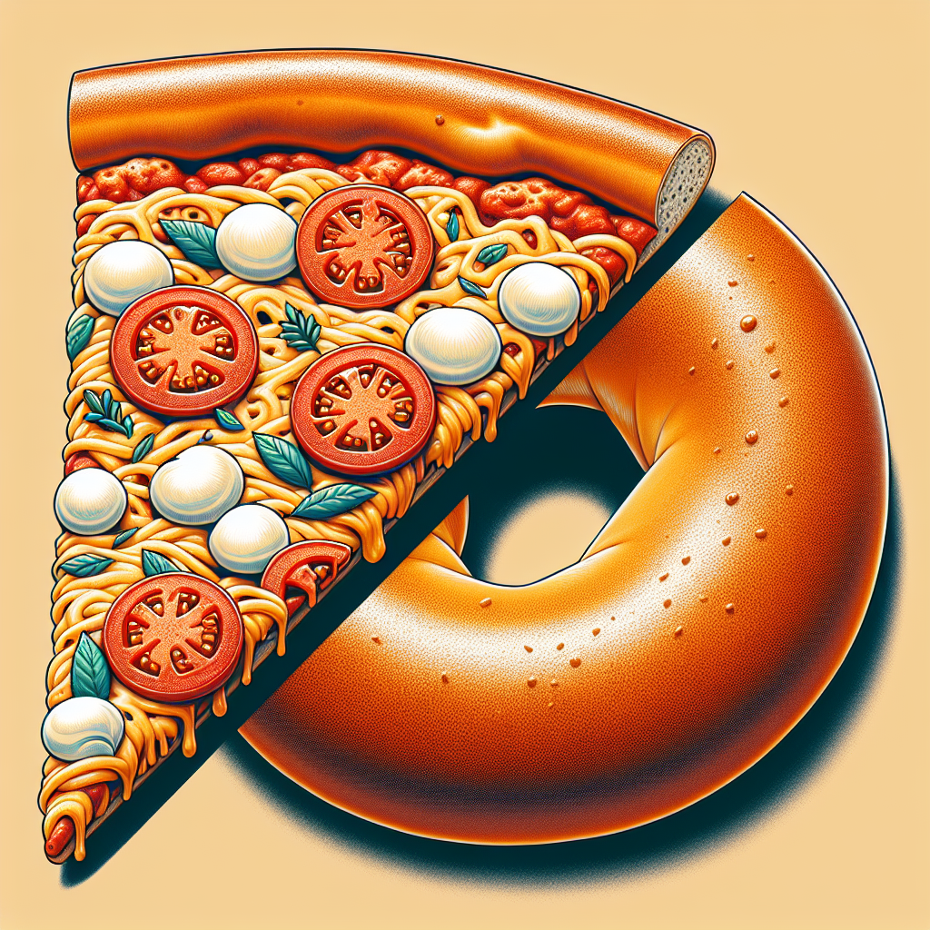 A classic New York-style pizza and a toasted bagel with cream cheese