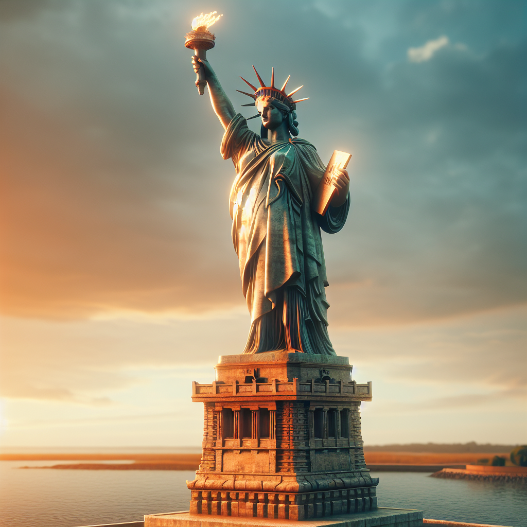 The Statue of Liberty standing tall on Liberty Island at sunset