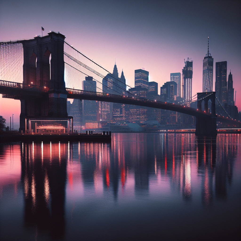 The Brooklyn Bridge at sunrise, with the Manhattan skyline in the background